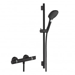 Hansgrohe Set de douche Mitigeur Ecostat Comfort + Barre Unica 65 cm + Douchette 3 jets Raindance 120 Select E, Noir mat