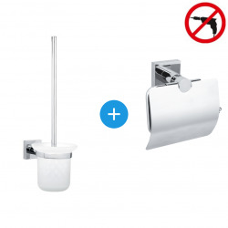 Tesa  Hukk Set Dérouleur de papier avec couvercle en acier inoxydable + Brosse WC, pose facile sans perçage, Chrome (40247-DUOTESA)