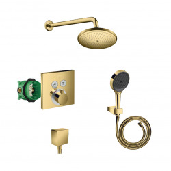 Hansgrohe ShowerSelect Set douche avec Mitigeur thermostatique + Corps encastré + Douche de tête + Douchette 3 jets, Doré poli
