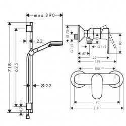  Vernis Blend Set de douche avec mitigeur + Douchette à main 2 jets + Barre de douche 65 cm, Noir mat (71640670-Vernis)