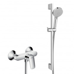 Hansgrohe Ensemble de douche Logis Mitigeur mural + Douchette 2 jets avec Barre 65cm + Flexible, Chrome (71600000-Vernis)