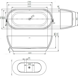  Dua 170 x 75 cm Baignoire îlot en acrylique + Siphon, sans pieds, blanc (SATDUA1700)