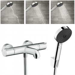 Hansgrohe Ecostat Set Mitigeur Thermostatique bain/douche + Douchette à main 105mm 3 jets + Flexible douche 160cm + Support mural, Chrome