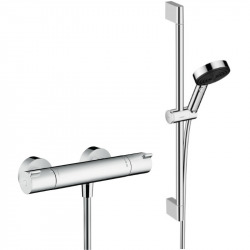 Hansgrohe Ecostat Set Mitigeur thermostatique douche + Douchette à main XXL 105mm 3 jets, flexible douche 160cm, barre 65cm