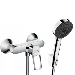 Hansgrohe Logis Loop Set Mitigeur de douche + Douchette à main XXL 105mm 3 jets + Flexible de douche 125cm, support mural