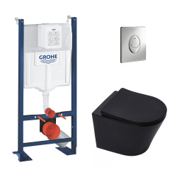 Grohe Pack WC Bâti-autoportant Rapid SL + WC Infinitio sans bride noir mat + Abattant softclose + Plaque chrome