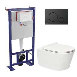 Swiss Aqua Technologies Pack WC bâti-autoportant + WC SAT sans bride fixations invisibles + Abattant softclose + Plaque noir mat
