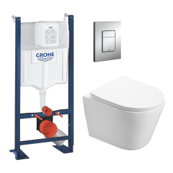 Grohe Pack WC Bâti autoportant Geberit + WC Swiss Aqua Technologies sans bride + Plaque chrome (ProjectInfinitio-1/BP)
