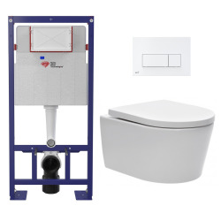 Swiss Aqua Technologies Pack WC bâti-autoportant + WC SAT sans bride fixations invisibles + Abattant softclose + Plaque blanche (SMART-SATrimless-M270)