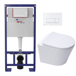 Swiss Aqua Technologies Pack WC Bati-support autoportant + Cuvette SAT Infinitio sans bride + Abattant soft close + Plaque blanche (SMART-Infinitio-4)