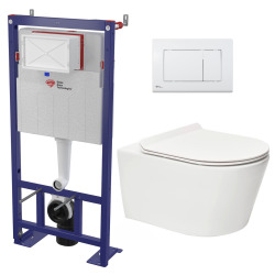 Swiss Aqua Technologies Pack WC bâti-autoportant + WC SAT sans bride fixations invisibles + Abattant softclose + Plaque blanche (SMART-Brevis-M270)