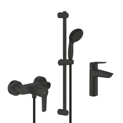 Grohe Set de douche mitigeur de douche monocommande + Douchette 2 jets + Barre 600 mm + Flexible + Mitigeur lavabo taille M, noir mat
