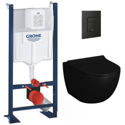 Grohe Pack WC Bâti autoportant Rapid SL + WC sans bride Infinitio 2.0 Noir mat + Abattant softclose + Plaque Noir mat