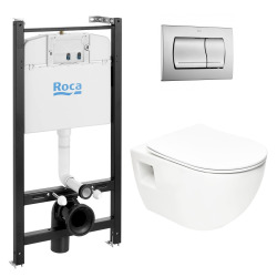 Roca Pack Bâti-support Roca Active + WC sans bride SAT + Abattant softclose + Plaque chrome mat (RocaActiveProject-2)