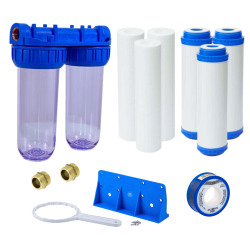 Swiss Aqua Technologies Double bol transparent pour filtres universels 10", prêt à raccorder 3/4" + 3 filtres + 3 filtres charbon actif (SATHF34DX6)