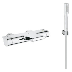 Grohe Grohtherm 2000 Set mitigeur thermostatique bain/douche + Douchette 1 jet + Flexible et support mural, Chrome (34174001-Euphoria)