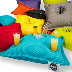 Soo Santaï Pool Party coussin bar 75x75x25cm, 4 trous verre et 1 trou bouteille, resistant aux UV, Gris, sans polystyrène