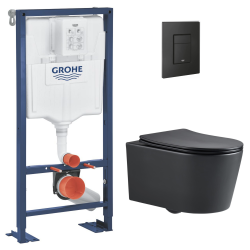 Grohe Pack WC Bâti Solido + WC sans bride SAT Noir mat + Abattant frein de chute + Plaque noir mat (AUTOPORTANT-BLACKSAT-KF0)