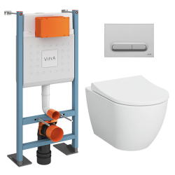 Vitra  Pack WC Bâti-support autoportant V-Fix Core + WC sans bride Vitra S60 + abattant + Plaque chrome mat (VFTFS60-5)