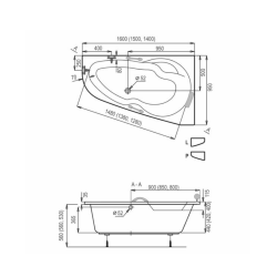  150x95 cm Laguna Luiza baignoire asymétrique orientation droite en acrylique, sans pieds, blanc (LU1500P)
