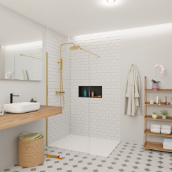 Swiss Aqua Technologies Walk-in 90x200cm Paroi en verre Crystal Glass® 8 mm anticalcaire, avec bras et profilés or (SATBWI90PRZ)