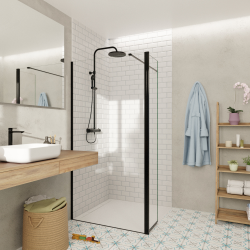 Swiss Aqua Technologies Walk-in 100x200cm Paroi et retour pivotant en verre Crystal Glass® 8 mm anticalcaire , avec bras et profilés noir mat