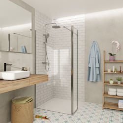 Swiss Aqua Technologies Walk-in 110x200cm Paroi et retour pivotant en verre Crystal Glass® 8 mm anticalcaire , avec bras et profilés chrome brillant