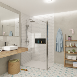 Swiss Aqua Technologies Walk-in 140x200cm Paroi et retour pivotant en verre Crystal Glass® 8 mm anticalcaire , avec bras et profilés chrome brillant