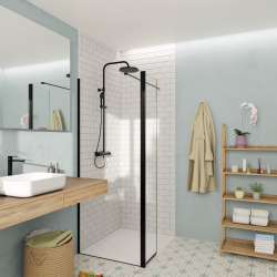 Walk-in 80x200cm Paroi et retour pivotant en verre Crystal Glass® 8 mm anticalcaire , avec bras et profilés noir mat