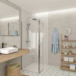 Walk-in 90x200cm Paroi et retour pivotant en verre Crystal Glass® 8 mm anticalcaire , avec bras et profilés chrome brillant