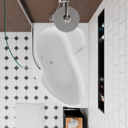 Siko 150x100 cm Fortuna Plus baignoire asymétrique en acrylique, gauche + tablier + pare-baignoire + pieds, blanc (FO1500LPLUS-SETP1)