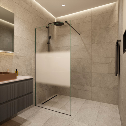 Walk-in 100x200cm, Verre semi poli Crystal Glass® 8 mm  anticalcaire, avec bras et profilés Noir mat (SATBWI100MPPRC)