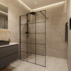 Ceramia Walk-in 120x200cm paroi en 8 mm anticalcaire sérigraphiée, avec bras et profilés noir mat (CERABWISR01-120B)