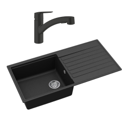 Swiss Aqua Technologies 100x50 cm évier avec égouttoir réversible en granite à encastrer + mitigeur monocommande avec douchette 2 jets, noir mat