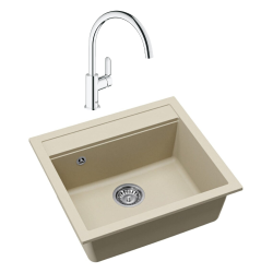 56,5x51cm évier en granite, à encastrer + mitigeur monocommande, jasmin (SATSINKGQQ100J-SET)