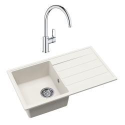 76x44 cm évier avec égouttoir réversible en granite à encastrer + mitigeur monocommande, blanc (SATSINKGE3W-SET)