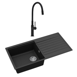 Swiss Aqua Technologies 100x50 cm évier avec égouttoir réversible en granite à encastrer + mitigeur aérateur Neoperl®, noir mat (SATSINKGQK103B-S1)