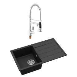 76x44 cm évier avec égouttoir réversible en granite à encastrer + mitigeur à bras pivotant, 2 jets, noir mat (SATSINKGE3B-SET2)