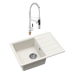 62x44 cm évier avec égouttoir réversible en granite à encastrer + mitigeur à bras pivotant, 2 jets, blanc (SATSINKGE2W-SET2)