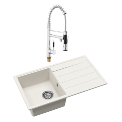 76x44 cm évier avec égouttoir réversible en granite à encastrer + mitigeur à bras pivotant 2 jets, blanc (SATSINKGE3W-SET2)