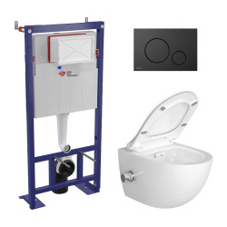 Pack WC bâti-autoportant + WC SAT sans bride fixations invisibles + Abattant softclose + Plaque blanche (SMART-SATrimless-9)