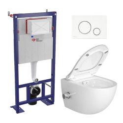 Pack WC bâti-autoportant + WC SAT sans bride fixations invisibles + Abattant softclose + Plaque blanche (SMART-SATrimless-9)