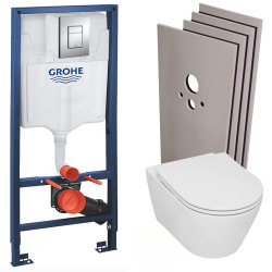 Grohe Pack WC Bâti-support Rapid SL + WC sans bride Serel, fixations invisibles + abattant softclose + Plaque Chrome + Set habillage