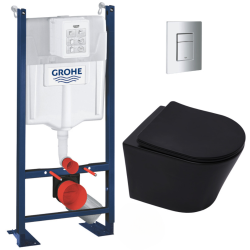 Grohe Pack WC Bâti autoportant + WC sans bride SAT Infinitio Noir mat + Abattant softclose + Plaque chrome mat
