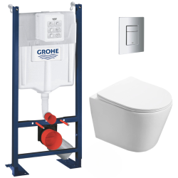 Grohe Pack WC Bâti autoportant + WC sans bride SAT Infinitio + Abattant softclose + Plaque chrome (ProjectInfinitio-5)