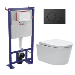 Swiss Aqua Technologies Pack WC bâti-autoportant + WC SAT sans bride fixations invisibles + Abattant softclose + Plaque noir mat (SMART-SATrimless-M678)