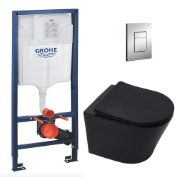 Grohe Pack WC Bâti-support Rapid SL + Cuvette SAT Infinitio noire mat + Abattant frein de chute + Plaque Chrome