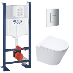 Grohe Pack WC Bâti autoportant + WC blanc mat sans bride Infinitio + Abattant frein de chute + Plaque chrome, ProjectInfinitioMat-1