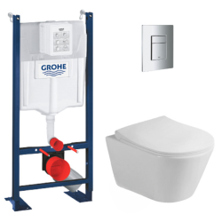 Grohe Pack WC Bâti-support autoportant + WC sans bride Lucco Avva + Abattant softclose + Plaque Chrome (ProjectAvva-1)