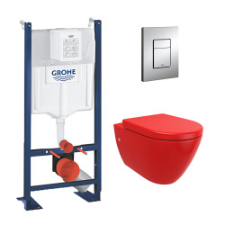 Grohe Pack WC Rapid SL autoportant + cuvette Bello rouge brillant sans bride + plaque chrome (ProjectRedBello-1)